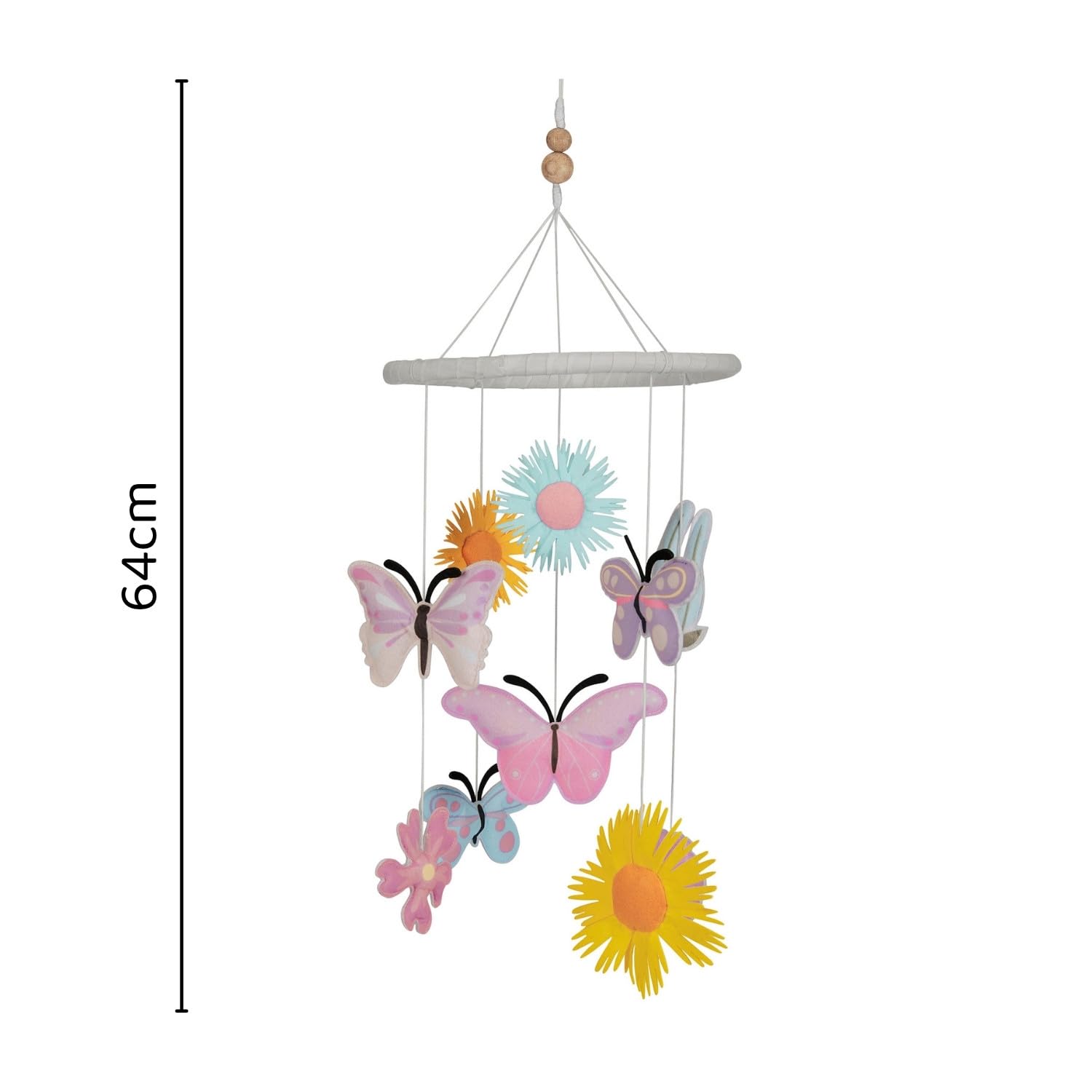Haus and Kinder Butterfly Garden Crib Mobile - Set of 1 | Baby Nursery Mobile with Butterflies & Flowers | Soft Cotton & Wooden Ring, Pastel Colors, Soothing Motion | Non-Toxic Height 64cm 4