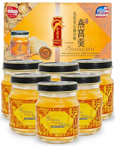 Golden Nest Premium Bird Nest Soup, Swallow Bird Nest 100% Natural - Made in USA, (燕窩) 6 bottles x 75ml (2.5 oz.) (1 box = 6 bottles x 75ml, Ginseng)