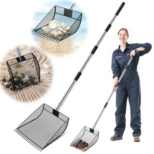 CAROD Chicken Poop Scooper & Rake 2-in-1, Metal Chicken Scoop with 24 to 68' Adjustable Stainless Steel Handle, Litter Scooper Sand Sifting Shovel Chicken Coops/Animals House