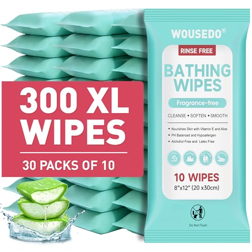 No Rinse Bathing Wipes for Adults - Extra Thick 8x12 Inch Disposable Shower Wipes Hypoallergenic Unscented Body Cleansing Cloths for Bed Bath Hospital Travel Camping - 300 Count(30 Packs)