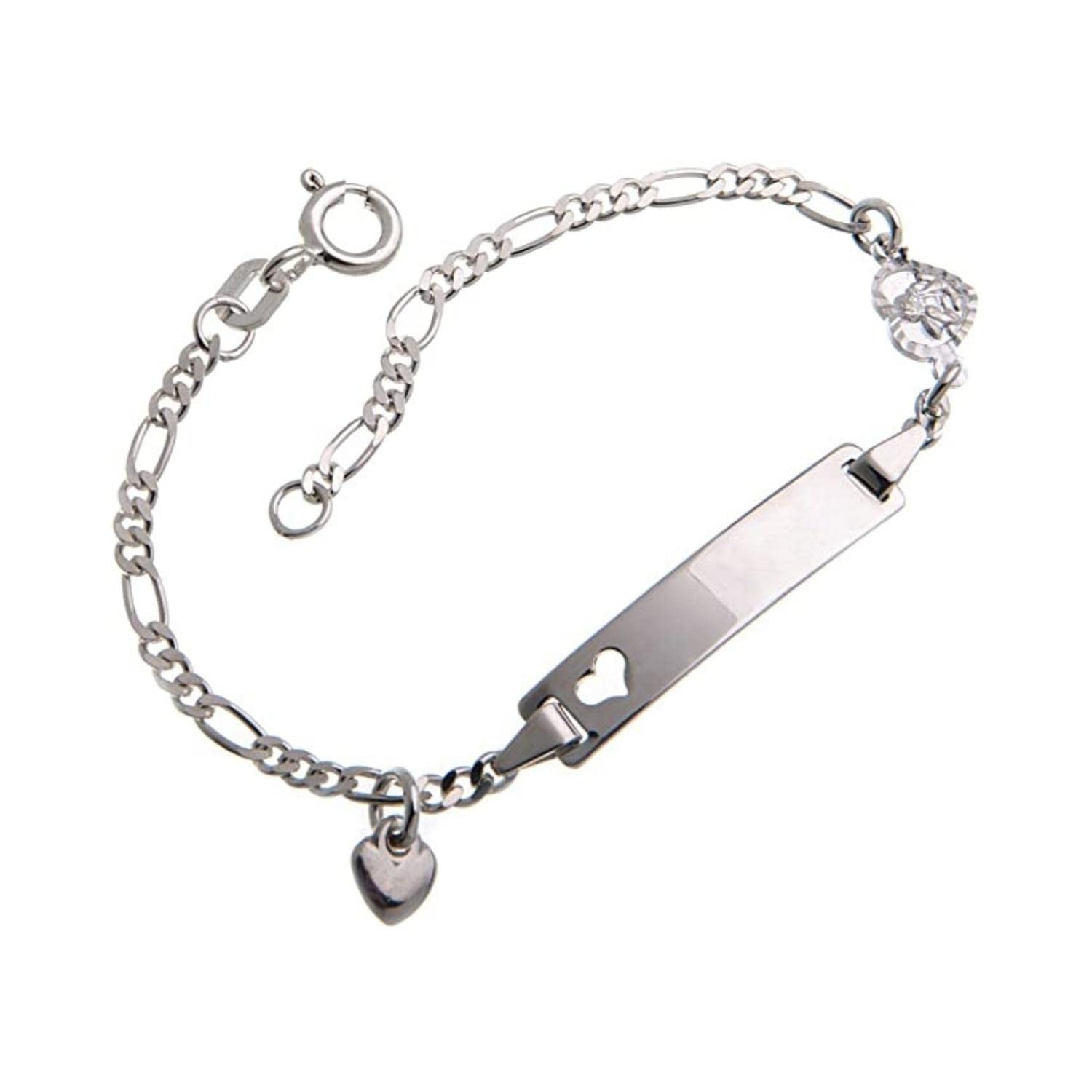 Silberketten-Store Baby- & Kinder ID Armband mit Herz & Anhängern inkl. Gravur & Geschenksäckchen I aus 925 Silber gefertigt I nickelfrei für Allergiker geeignet I 10 Schriftarten
