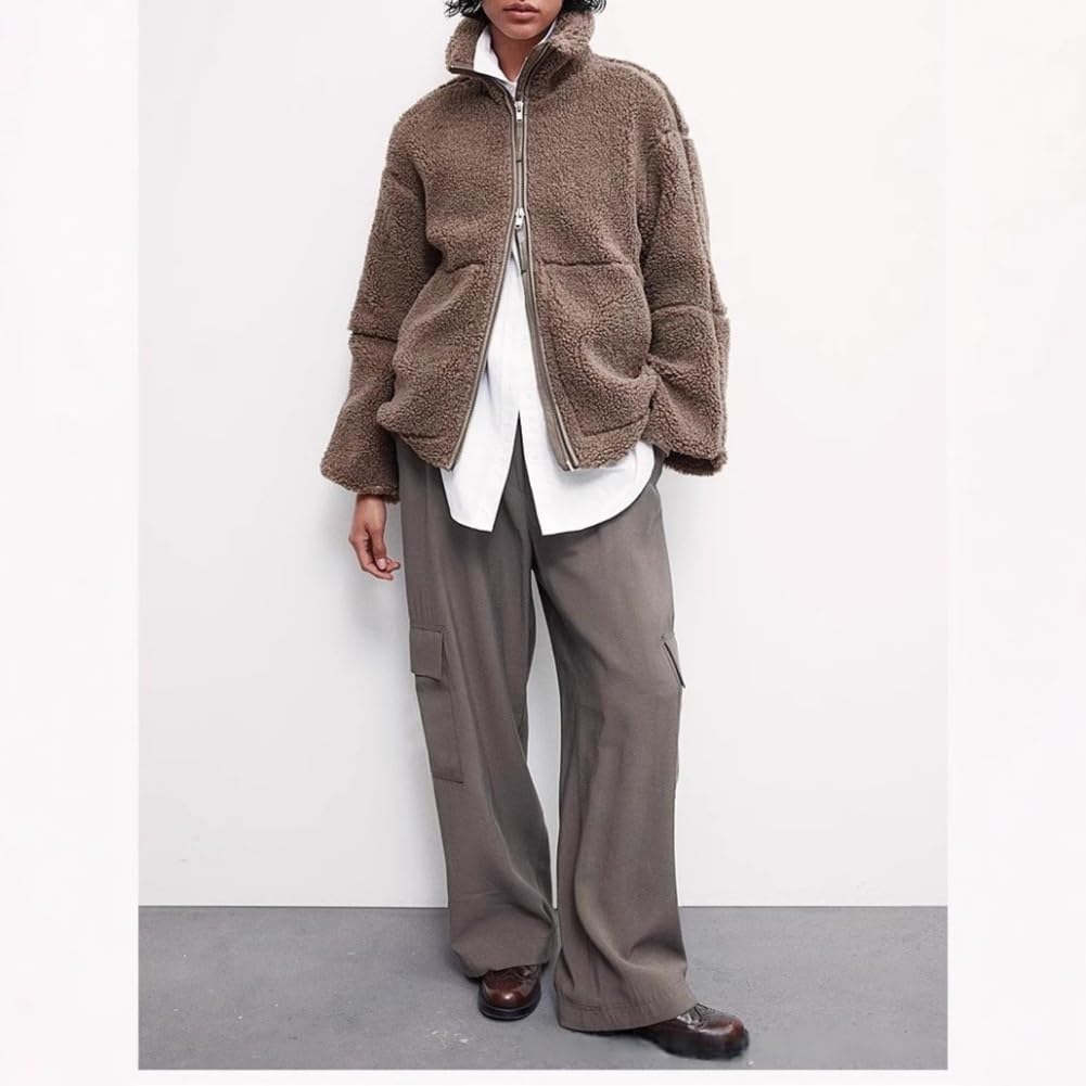 Übergroße Sherpa-Jacke für Damen, mit Reißverschluss, Teddybär-Mantel, 2025, mit Reißverschluss, warm, Stehkragen