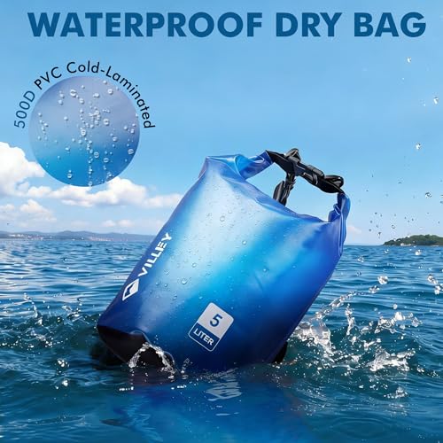 Image of VILLEY Dry Bag Waterproof 5L Roll Top Storage Backpack, Keeps Gear Dry Lightweight Backpack for Kayaking Boating Camping Swimming and Beach Accessories Blue Transparent