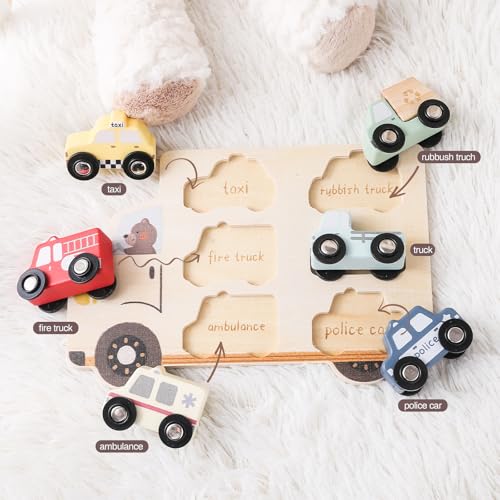 Wooden Cars Vehicle Set for Toddlers 1-3 Wooden City Cars and Trucks Toys for Boys Girls’ Educational Play