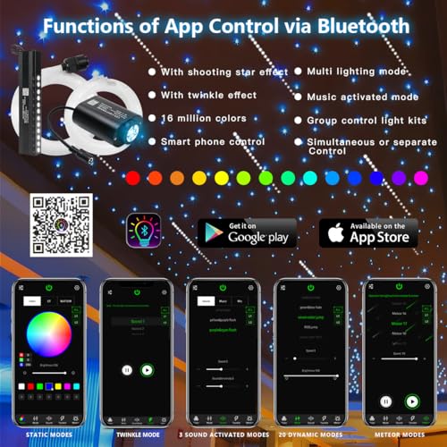 Image of AKEPO 6W Extremely Mini Twinkle Fiber Optic Starlights Headliner Lights Kit | 450pcs 9.8ft /3m End Glow Fibers Pure White Shooting Star Music Activated APP&Remote Control Star Light Kit for Car /Home