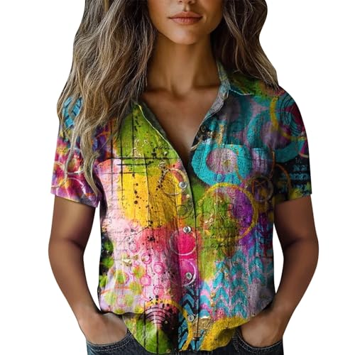 Women Linen Blouses 2025 Women Cotton Shirt Printed V Neck Button Down Shirts Casual Tops Short Sleeve Blouse Casual