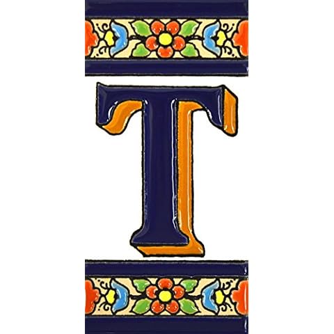 House letters 4 inch. Handpainted house letter tiles for signs, addresses and names. Address numbers for houses. House address numbers and letters. Design FLORES MEDIANO 4,29" x 2,13" (LETTER T) Cover