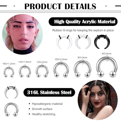 ONESING 30Pcs Septum Pincher Tapers 16G-6G Acrylic Stainless Steel Septum Stretching Kit Internally Threaded Spike Horseshoe Pincher Septum Rings Ear Cartilage Nose Stretch Kit for Women Men2