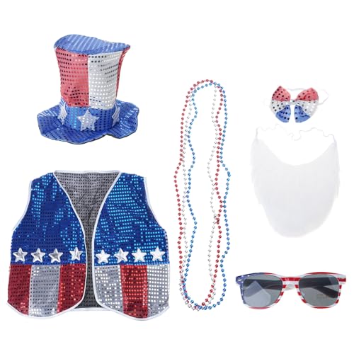 APLudoo Conjunto de 6 piezas de disfraz patriótico del 4 de julio con chaleco, sombrero, barba, gafas y collar para celebraciones, reuniones del Día de la Independencia