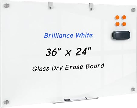 36 x 24 Inches Glass Whiteboard, Magnetic Glass Dry Erase Board for Wall, 3 x 2 Brilliance White Board for Office, Home, School