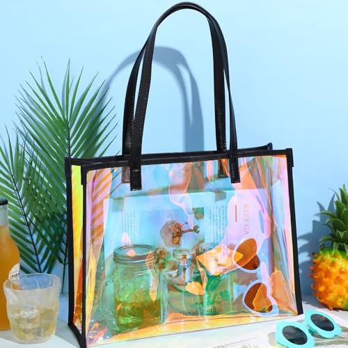 Aliceset Holographic Clear Tote Bag with Leather Handle Iridescent Bachelorette Beach Bag for Work Stadium Travel4