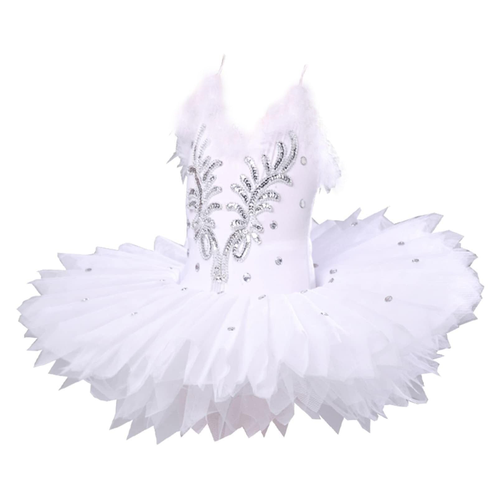 Giftgalore Unisex Kids White Girl Ballet Dress Shiny Sequins Swan Lake Ballet Costume Embroidered Swan Lake Leotard Skirt Dancewear Professional Dancer Swan Lake Ballet Performance Party Dress(140Cm)