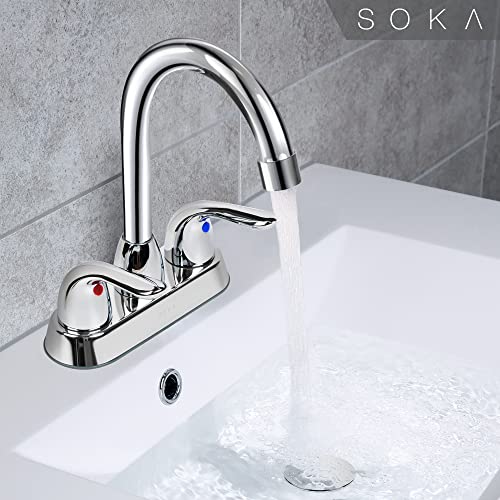 SOKA Two Handles Centerset Bathroom Faucet for Sink High Arc Stainless Steel with Deck Plate & Pop-Up Drain Assembly Fit 3 Hole Installation, Chrome (SK18001C) - Image 10