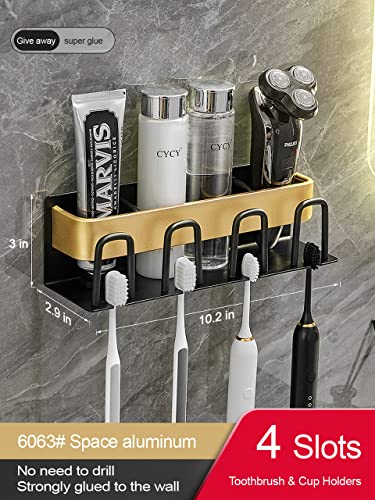 Bathroom Organizer Toothbrush Holder Wall Mounted, Space Aluminum Gilded Toothbrush Holders For Bathroom And Vanity, No Drilling For Wall (4 Brush Slots) #TOP2