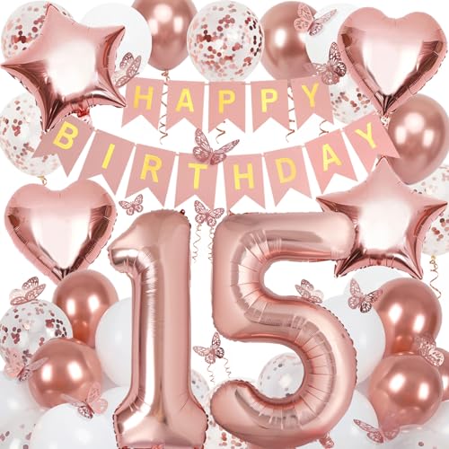 Nelotaor 15th Birthday Decorations for Girls, Rose Gold 40 Inch Number 15 Foil Birthday Balloons with Happy Birthday Banner and Butterfly Stickers