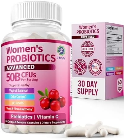1 Body Cranberry Probiotics for Women, 50 Billion CFU, Cranberry Pills with Prebiotics, D-Mannose & Vitamin C, Vaginal Probiotics for Microbiome Balance, Digestive & Immune Support, 60 Vaginal Pills