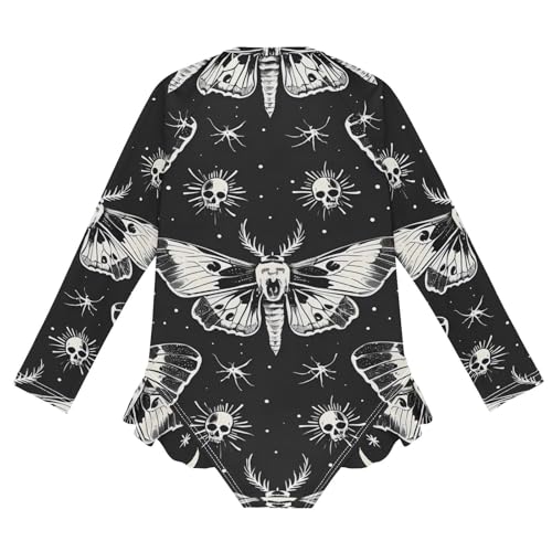 Girls One Piece Swimsuits Long Sleeve Swimsuit Zipper Bathing Suits Skull Moon Moth Black2