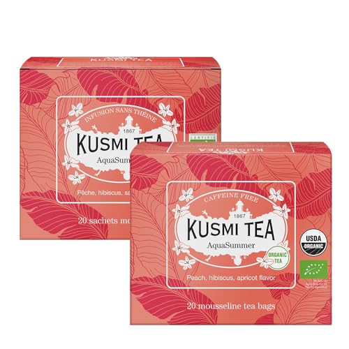 Kusmi Tea   AquaSummer   Mezcla Orgánica de Hibisco y de Fruta   Sabor a Albaricoque   Infusión sin Teína   Disfrutar Caliente o con Hielo   Juego de 2 Cajas de Té   2 x 20 Bolsitas de Té