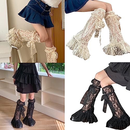 Womens Star Leg Warmers-Lolita Boot Stockings Japanese Lace Trim Long Leg Socks Fashion 80s Party Dance Legwarmers Black2