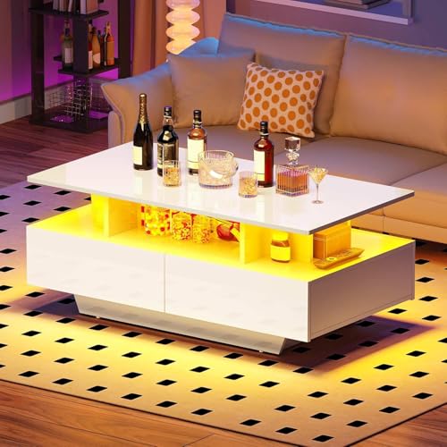 DWVO LED Coffee Table with Storage 4 Drawers, Modern High Glossy Coffee Tables for Living Room, White Rectangle Coffee Table Small Center Table with Open Display Shelf & Sliding Drawers, Glossy White
