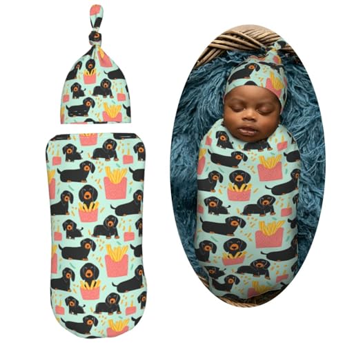 Image of Adorable Dachshunds Newborn Swaddle Blankets Hat Sets Soft Baby Receiving Blanket Swaddle Sack for Baby Shower Infant Boy Girl Gift