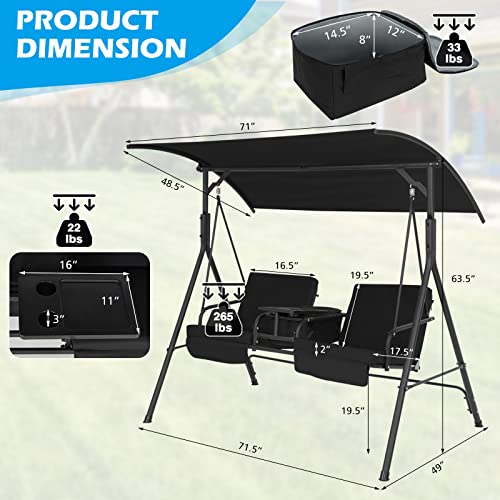 Image of Tangkula 2 Person Porch Swing, Outdoor Swing with Pivot Storage Table, Cooler Bag, 2 Cup Holders, Removable Cushions, Patio Swing with Canopy for Backyard Balcony Poolside (Black)