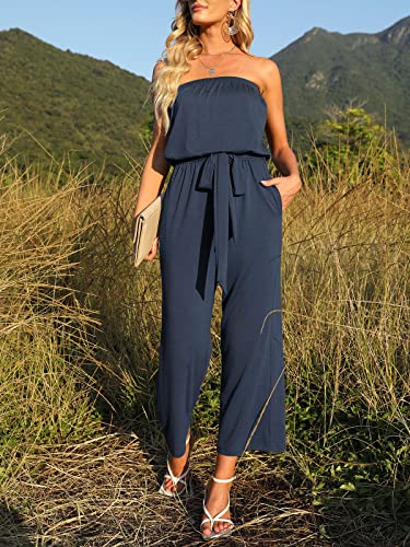 Zesica Women's 2023 Casual Off Shoulder Solid Color Strapless Belted Wide Leg Jumpsuit Romper,Navy,Small #TOP1