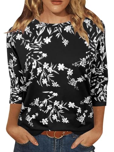 Image of JomeDesign Womens Tops 3 /4 Sleeve Shirts Round Neck Loose Casual Blouses Floral Print Tshirts