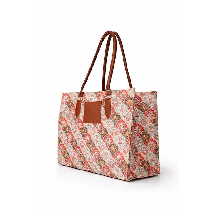 Floral Paisley Print Tote Bag with Brown Leather Handles, Spacious Shoulder Bag for Women-image-38