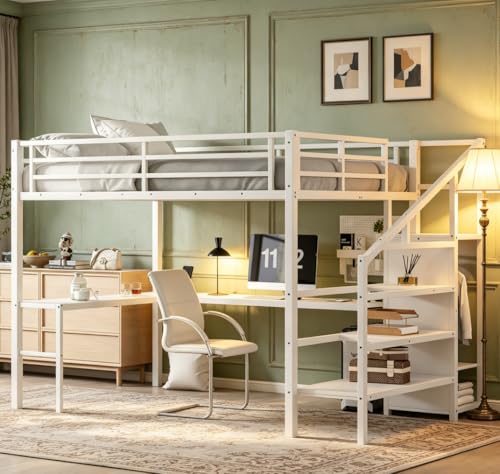 Image of Bellemave Queen Size Loft Bed with Desk and Wardrobe Storage Stairs and Wardrobe, LED USB, Loft Bed Full Size for Teens Metal, White
