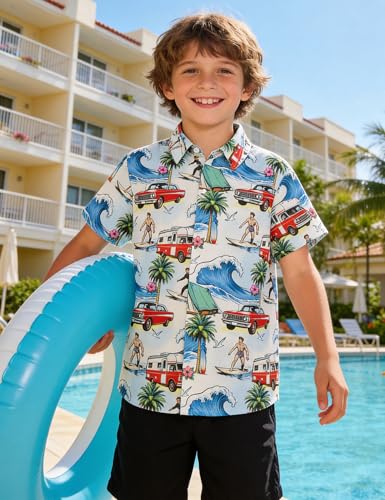 Image of Boys Hawaiian Shirt Kids Button Down Aloha Beach Hawaii Tops 5-14Y | Quick Dry, Breathable, Cooling & Lightweight, For Summer Vacation Holiday, Fourth of July, Youth, Teen, Shark, Dinosaur