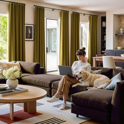 Image of Lazzzy Velvet Blackout Extra Long Curtains Thermal Insulated Room Window Drapes Super Soft Luxury Curtains for Living Room Bedroom Rod Pocket 2 Panels, Golden Olive, 52 inch W x 108 inch L