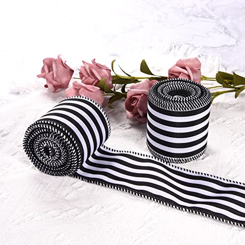 Christmas Ribbon For Tree, Black And White Striped Ribbon Wired Vertical Fabric Ribbon For Gift Wrapping Farmhouse Home Decor Birthday Christmas Halloween Thanksgiving, 2 Rolls, 2.5" X 6 Yard #TOP2