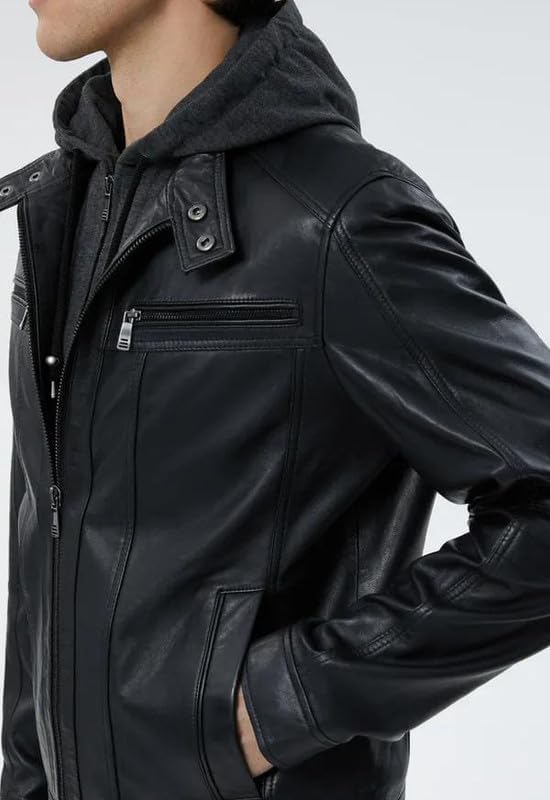 Men's Hooded Genuine Lambskin Leather Jackets Men - Motorcycle Leather Jacket With Removable Hood