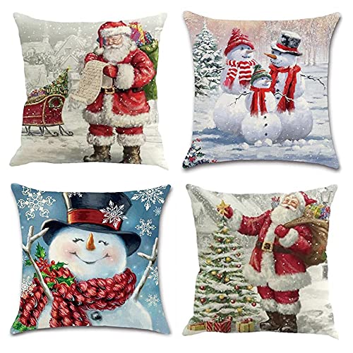 FEBALHS Christmas Pillow Covers 18x18 Set of 4, Winter Snowman Cushion Covers Xmas Throw Pillow Cases Santa Claus White Pillowcases Home Decor for Sofa Couch Bed -  LOYZT1