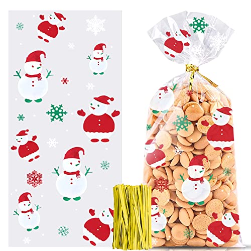 Mizijia Pack of 100 Christmas Candy Bags, Cellophane Bags, Snowflake Christmas Cookie Bags, Biscuits Goody Bags with 100 Pieces Twist Ties for Cookies Biscuits Chocolates (Snowman)