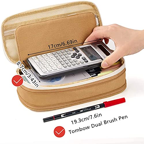 Image of FineMoe Large Pencil Case Stationery Items for Girls and Boys, Canvas Bags Pen Pencil Pouch for School College and Office, Organize Makeup Cosmetic, Aesthetic Cute Stationary Box for Daily Use (Brown)