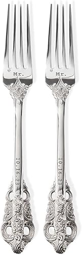 callie Juego de 2 tenedores de boda personalizados con fecha grabados con fecha, cubiertos plateados vintage personalizados resistentes para pastel