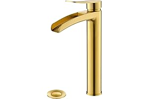 Brushed Gold Tall Vessel Sink Bathroom Faucet with Waterfall Spout and Pop-up drain