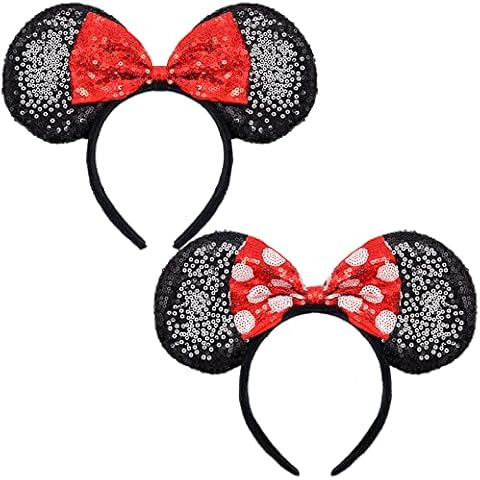 2 Pcs Mouse Ears Hair Bands for Women Girls, Uooker Black Sparkled Sequin Hair Headband with Cute Bow, Fancy Dress for Cosplay Costume Party Decoration, Beautiful Hair Accessories(Red&Black Dot) Cover