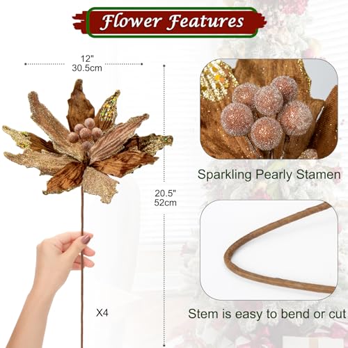 Briful 4 PCS 12" Glitter Poinsettia Brown Artificial Flowers Stem for Christmas Tree Decorations Fake Poinsettia Flowers Large Artificial Christmas Flowers Arrangements for Xmas Decorations - Image 2