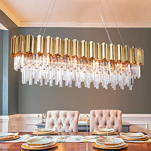 Osairuos L43.3 Modern Rectangle Crystal Chandelier Gold Linear Pendant Ceiling Light Fixture For Dining Room Contemporary Oval Raindrop Chandeliers Lighting For Kitchen Island 13-Light #TOP9