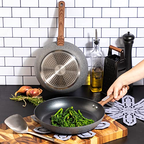 Brooklyn Steel Co. 10" & 12" Solstice Collection Nonstick Frying Pan Set, 2 Bonus Felt Protectors - Stainless Steel Induction Base, Aqua-Tech Coating, Aluminum Core, Rapid-Cool Wood Handle - Grey #TOP4