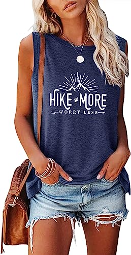 Women Funny Graphic Tanks Hike More Worry Less Workout Camping Hiking Sleeveless Printed Shirts Casual Summer Tops, Navy Blue L #TOP5