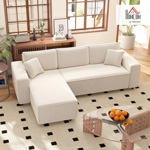 HOMCOM Ecksofa 3-Sitzer Sofa in L-Form Eckcouch mit Umkehrbarer Chaiselongue 2 Kissen Federpolster, Polsterecke aus Cordstoff Wohnlandschaft für Wohnzimmer Schlafzimmer 241x153x83 cm Cremeweiß – Bild 3