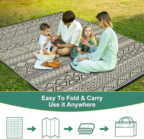 Garvee Waterproof Boho Outdoor Rug 9x12, Reversible Plastic Straw Rug for Picnic, Patio Camping Rugs, Large Foldable Outdoor Carpet for Balcony, Portable Deck Mat for RV Deck Backyard Beach — view 6
