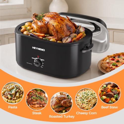 Image of 18Qt Roaster Oven Buffet with Self-Basting Lid, 1450W Stainless Steel Electric Turkey Roaster Oven with Cool-Touch Handles, Removable Pan and Rack, Black
