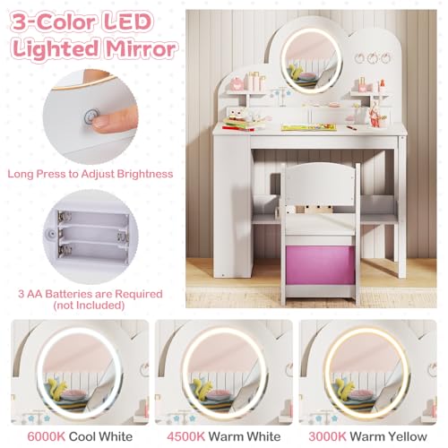 Image of HONEY JOY Kids Vanity with Lights and Open Bookshelf, Cloud Princess Makeup Dressing Desk, Drawers, Wooden Pretend Play Toddler Vanity Table & Chair Set with Lighted Mirror for Little Girls (White)