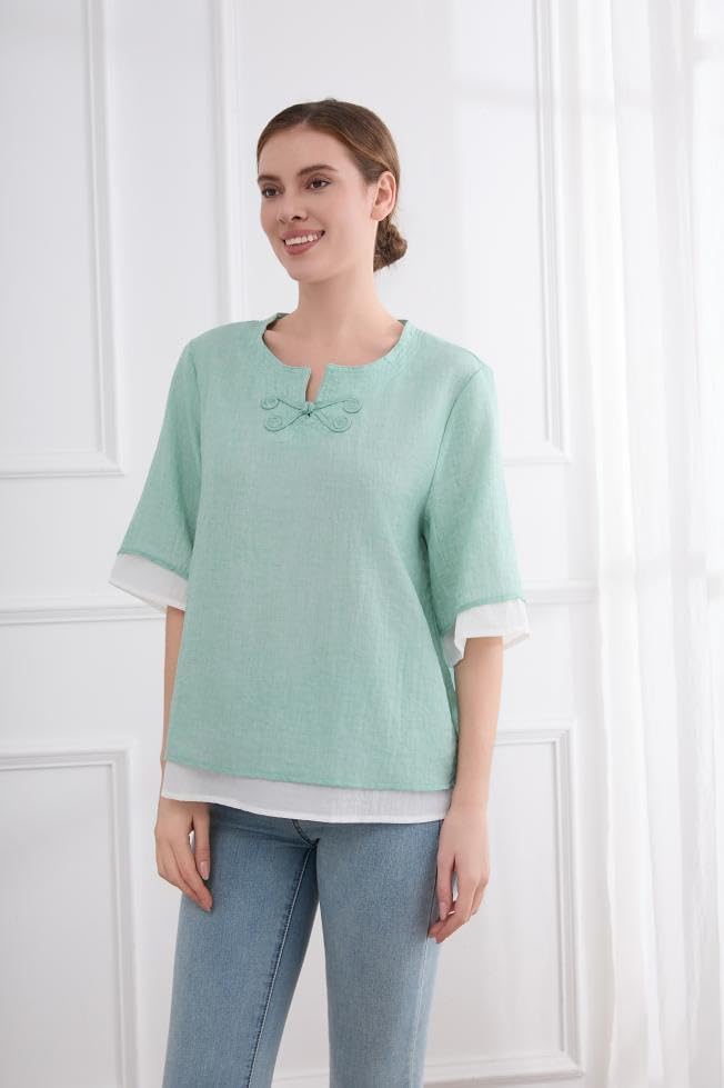 Minibee Women's Cotton Linen Shirts Summer 3/4 Length Sleeve Tops Chinese Frog Casual Blouse - Image 4