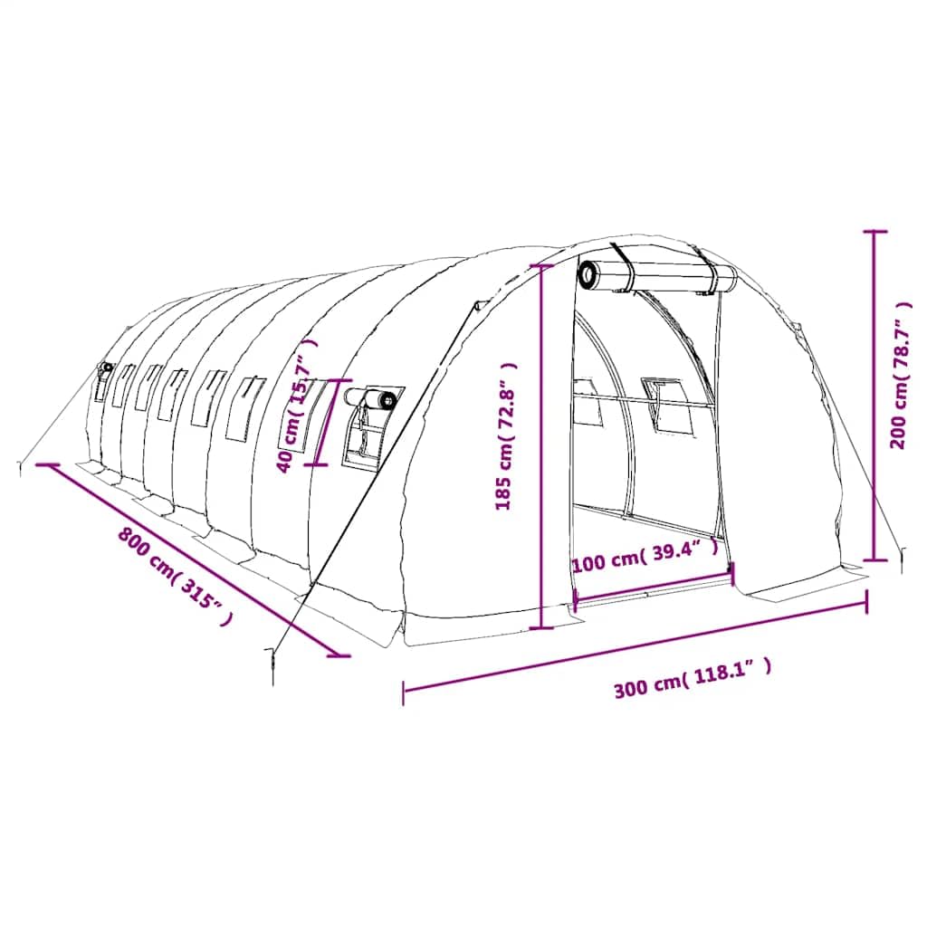 Gewächshaus mit Stahlrahmen Weiß 24 m² 8x3x2 m für Hobbygartenbau, Pflanzenpflege, Tomatenhaus, Frühbeet, Überwinterung, Balkon, Terrasse, mit Belüftung, robustem Rahmen